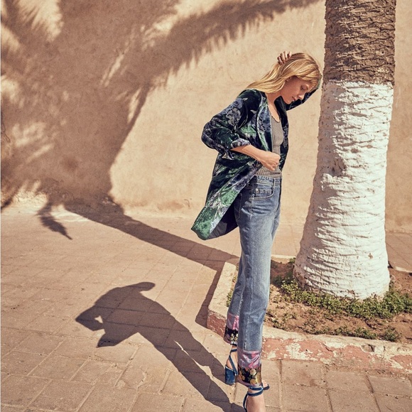 Anthropologie Eva Franco Green Floral Velvet Car Jacket - Picture 1 of 7